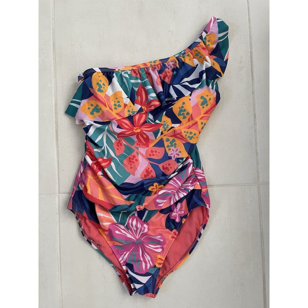 Kathy Ireland Swim One Piece Swimsuit Floral One Shoulder Swimwear